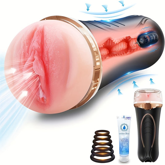 [Vibrating Male Masturbator] 1pc Realistic Textured Fleshy Vagina Male Masturbator | Squeezable Pocket Pussies with 10 Vibration, Masturbation Male Stroker Adult Toys Vibrator for Men Penis Training