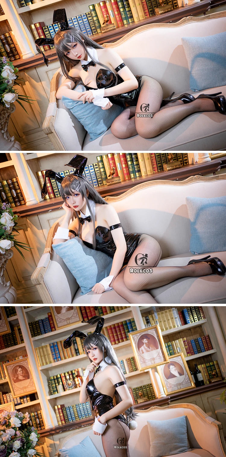 ROLECOS Sakurajima Mai Anime Cosplay Costume Women Sexy Costume Bunny Girl Cosplay Wigs Shiny Leather Jumpsuit Party Bodysuit