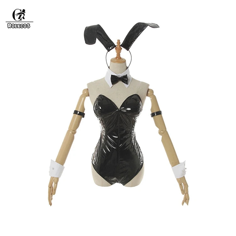 ROLECOS Sakurajima Mai Anime Cosplay Costume Women Sexy Costume Bunny Girl Cosplay Wigs Shiny Leather Jumpsuit Party Bodysuit
