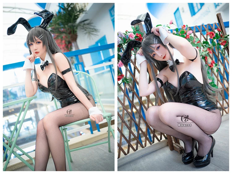 ROLECOS Sakurajima Mai Anime Cosplay Costume Women Sexy Costume Bunny Girl Cosplay Wigs Shiny Leather Jumpsuit Party Bodysuit