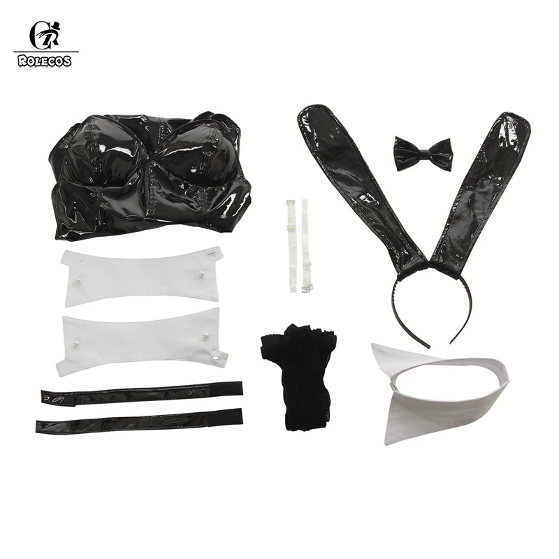 ROLECOS Sakurajima Mai Anime Cosplay Costume Women Sexy Costume Bunny Girl Cosplay Wigs Shiny Leather Jumpsuit Party Bodysuit