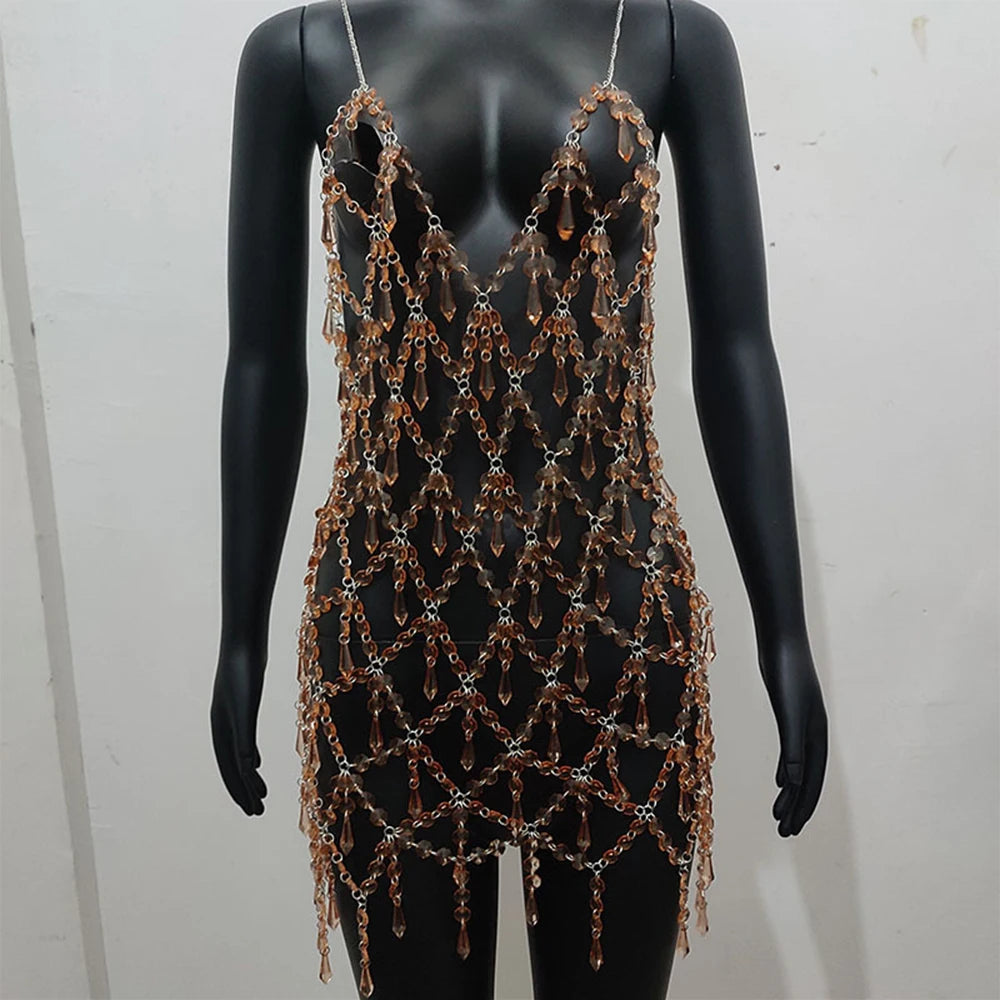 Fashion Mesh Dress Women 2024 Lingerie Women Bodysuit Hip Underwear Club Belly Bling Dance Jewelry Accessories Outfits Costume