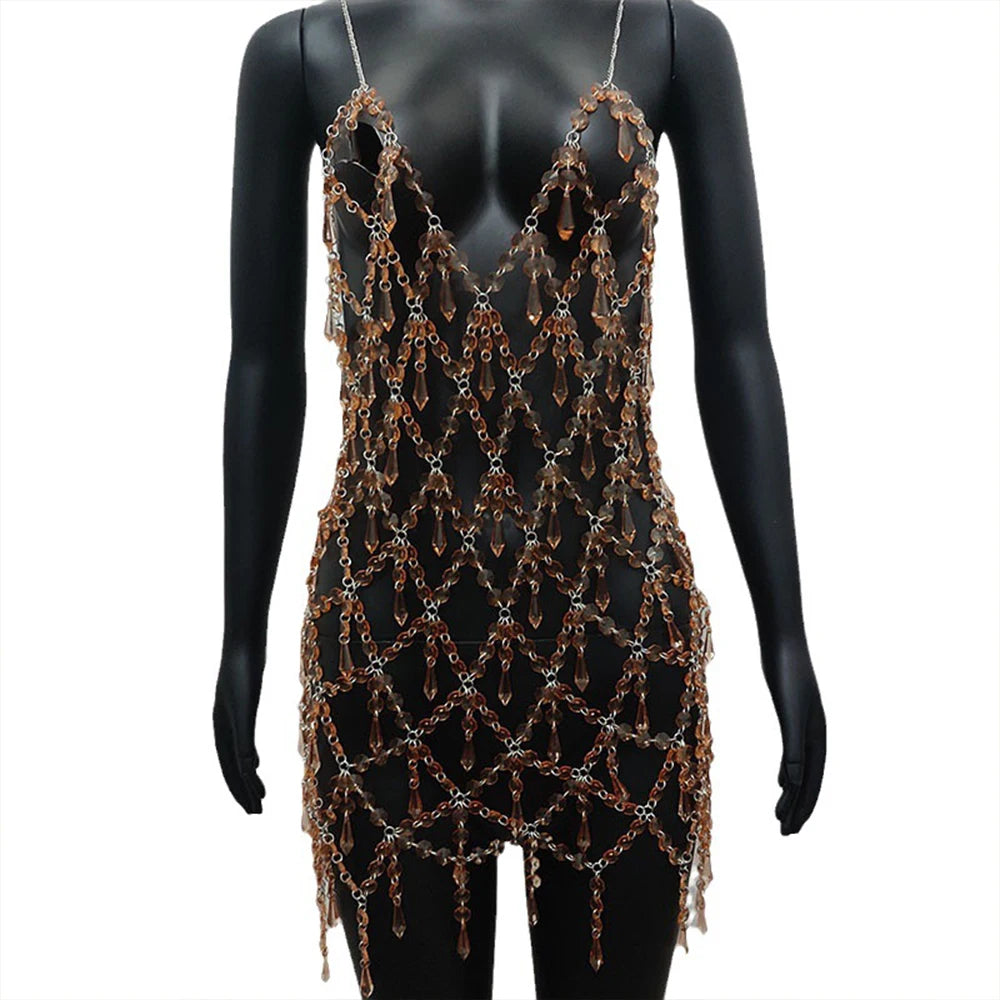 Fashion Mesh Dress Women 2024 Lingerie Women Bodysuit Hip Underwear Club Belly Bling Dance Jewelry Accessories Outfits Costume