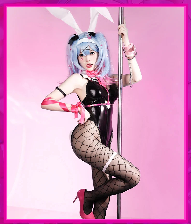 ROLECOS Rabbit Hole Bunny Girl Costume Valentine's Day Women Elastic Leather Fabric Sexy Cosplay Bunny Suit Black Jumpsuits