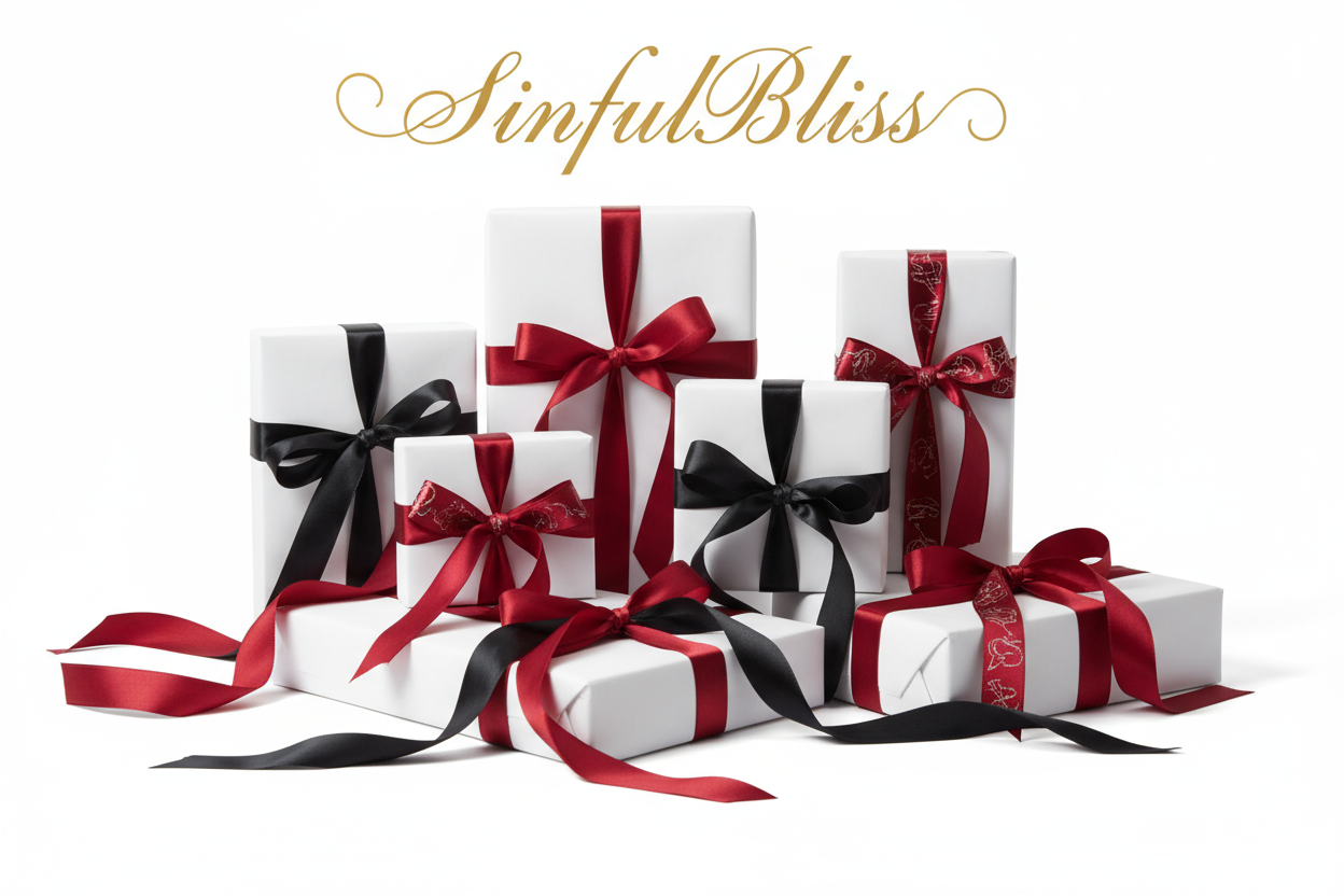 Discrete packages with white wrappings, add multiple color silk ribbons. It's with red and black. I'm sitting.
Neatly together.
With sinful bliss, with the capital asset of B, that's war putting across the top and centered